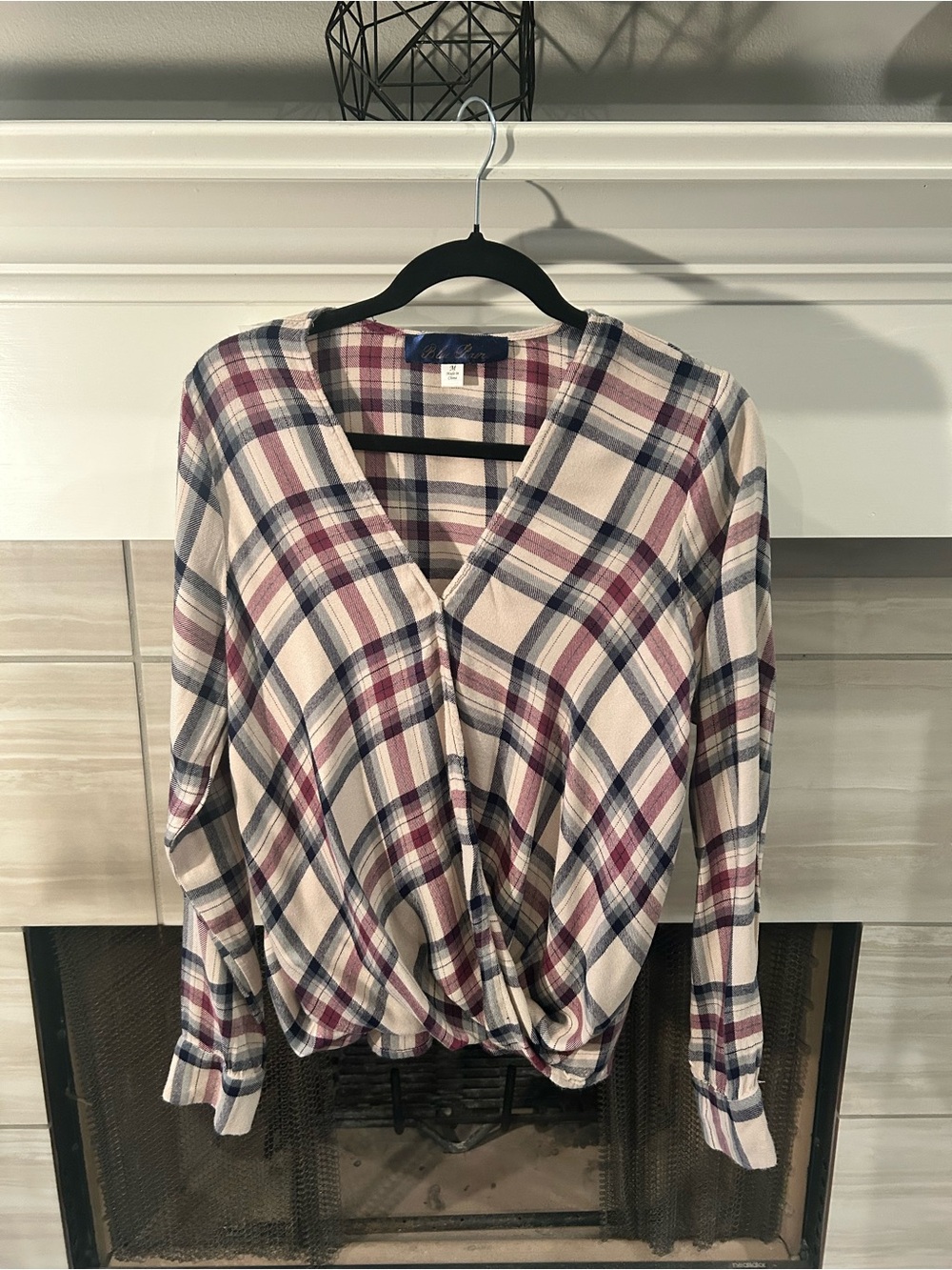 Blue Rain Plaid Flannel Cross-front Long Sleeve Top Size Medium
